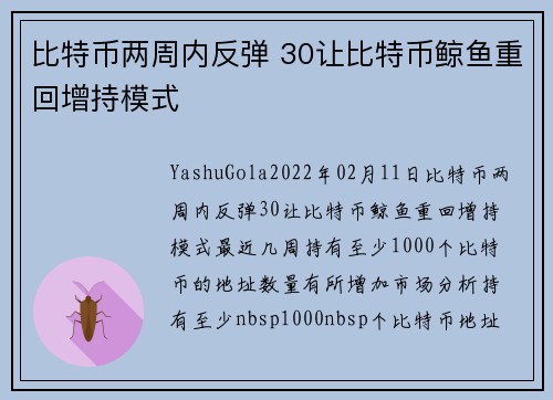 比特币两周内反弹 30让比特币鲸鱼重回增持模式 